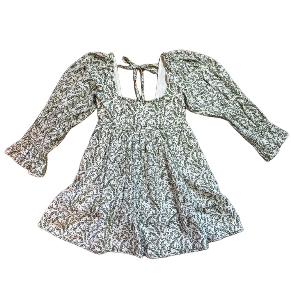 Anthropologie Pilcro Texture Long Sleeve Babydoll Mini Dress Green Floral Print
